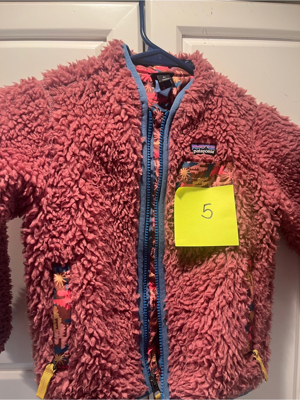 Patagonia Kids Plush Pink Sherpa Zip Jacket with Blue Trim